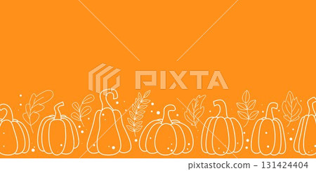 Horizontal orange background with border of pumpkins and foliage 131424404