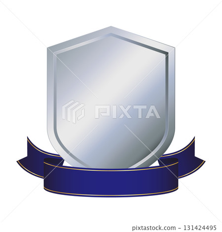 Silver shield and blue ribbon decorative frame 131424495