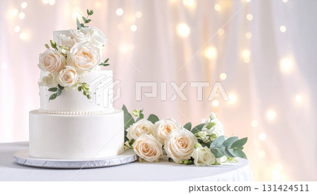 珍珠白閃閃發光的婚禮蛋糕背景圖 131424511