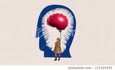 Modern collage. Child holding red brain balloon inside head silhouette symbolizing imagination and freedom 131424545