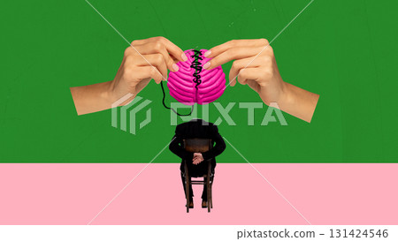Abstract collage. Hands sewing pink brain symbolizing recovery and psychological healing process 131424546