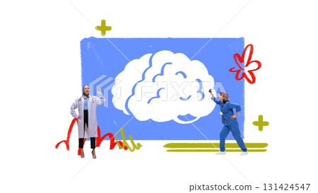 Colorful collage. Doctors interacting with illustrated brain symbolizing research and healthcare diagnostics Colorful collage. Doctors interacting with illustrated brain symbolizing research and healthcare diagnostics 131424547