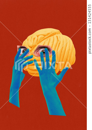 Surreal collage art of yellow brain with human eyes and blue hands on red background Surreal collage art of yellow brain with human eyes and blue hands on red background 131424555