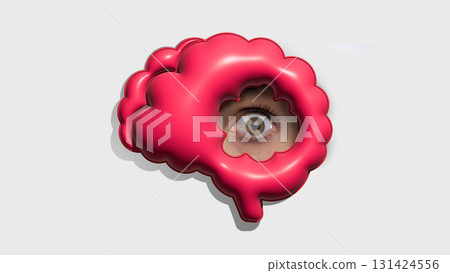 Pop art collage. Human eye peeking through pink brain cutout symbolizing surveillance and awareness Pop art collage. Human eye peeking through pink brain cutout symbolizing surveillance and awareness 131424556