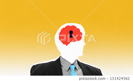 Creative collage. Silhouette of man with brain lock keyhole on yellow gradient background 131424562