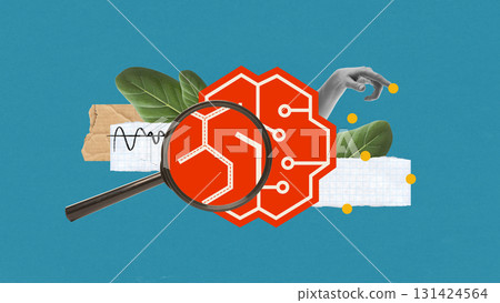 Collage of magnifying glass analyzing abstract brain with leaves and circuits on blue background Collage of magnifying glass analyzing abstract brain with leaves and circuits on blue background 131424564