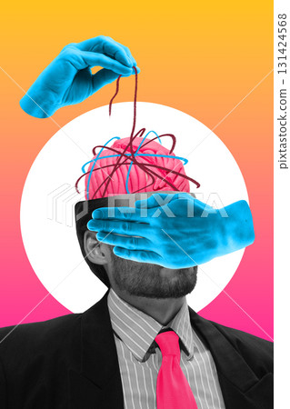 Bold colorful poster. Man in suit with yarn brain manipulated by blue hands on gradient background 131424568