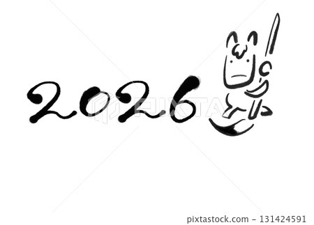 可愛的新年插圖，一匹馬寫著數字 2026。水墨書法。 131424591