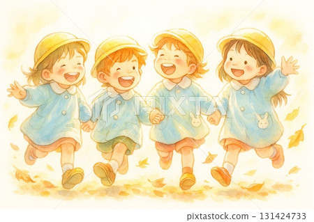 Watercolor illustration of kindergarten children running through a path of fallen autumn leaves 131424733