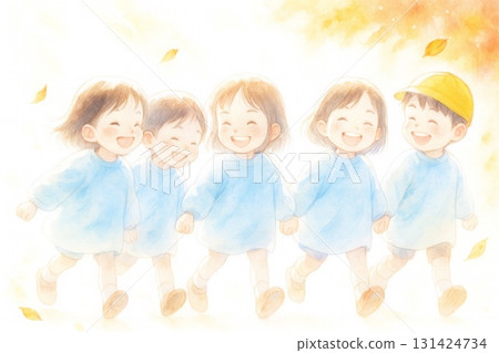 水彩畫幼兒園小朋友牽手微笑秋天的氣氛 131424734