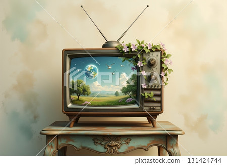 Classic wooden television decorated with flowers and plants 131424744