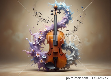 Beautiful violin surrounded by blossoms and musical notes 131424747