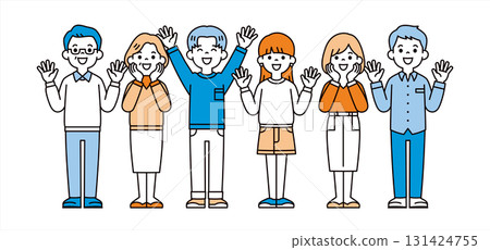 Grandfather, grandmother, father, mother, son, and daughter all raising their arms in joy. Vector illustration 131424755