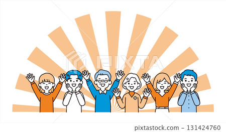 徑向圖案和上身向量插圖，描繪了多名男女因中樂透而歡欣鼓舞的場景 131424760
