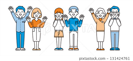 A set of vector illustrations of a married couple who are overjoyed and spread their arms wide 131424761