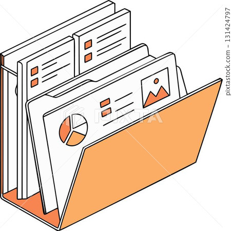 Organized documents in an orange folder. Concept of file management, paperwork, and data organization with charts and graphs. Graphic design for business or education. 131424797