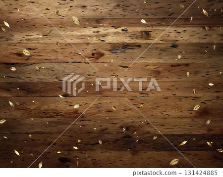 Background material of an old wooden floor with fallen leaves (autumn atmosphere) 131424885