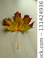 A beautiful maple leaf with yellowed edges on a textured light wood surface 131424936