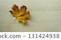 Autumn maple leaf on a stalk on a light oak board with copy space  131424938