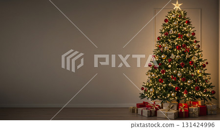 Christmas tree and presents in a cozy living room 131424996