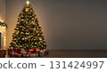 Christmas tree and presents in a cozy living room 131424997