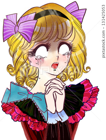 A blonde young lady from a Showa retro manga with pale eyes and a white background 131425053