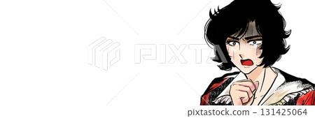 A wide-format illustration of a medieval European black-haired prince in the style of a Showa-era shojo manga, shocked and speechless 131425064