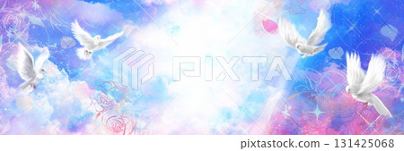 美麗的天堂背景寬尺寸插圖，白色的鴿子在陽光周圍飛翔 131425068