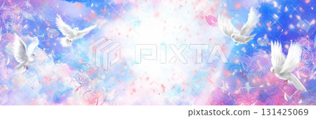 Beautiful heaven background wide size illustration with white doves flying around sun rays Beautiful heaven background wide size illustration with white doves flying around sun rays 131425069