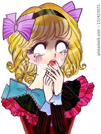 A blonde young lady from a Showa retro manga with pale eyes and a white background 131425071