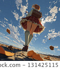 A high school girl in uniform walking along the beach at dusk 131425115