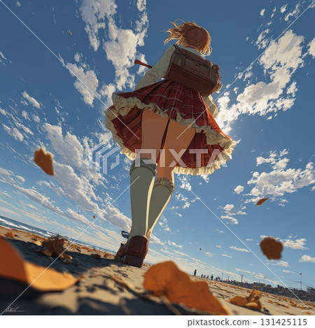 黃昏時分,身穿制服的高中女生沿著海灘散步 黃昏時分,身穿制服的高中女生沿著海灘散步 131425115