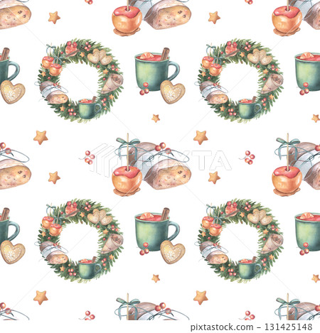 Seamless Christmas pattern with festive food: wreath, mulled wine, stollen, caramel apples. Hand-painted watercolor illustration isolated on white for printing on textile, packaging, festive decor 131425148