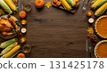 Traditional Thanksgiving dinner of turkey, pumpkin pie and corn 131425178