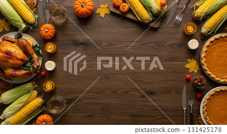 Traditional Thanksgiving dinner of turkey, pumpkin pie and corn 131425178