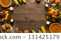 Traditional Thanksgiving dinner of turkey, pumpkin pie and corn 131425179