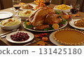 Traditional Thanksgiving dinner of turkey, pumpkin pie and corn 131425180