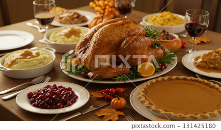 Traditional Thanksgiving dinner of turkey, pumpkin pie and corn 131425180