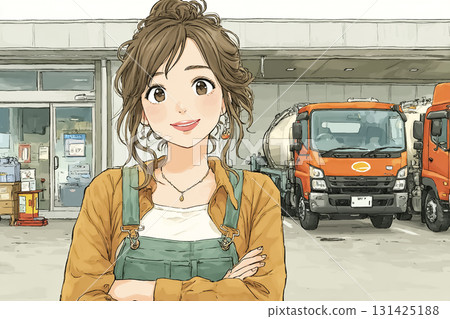 Miyu series: Miyu supervises the gasoline distribution tanker truck, outdoor oil base 131425188