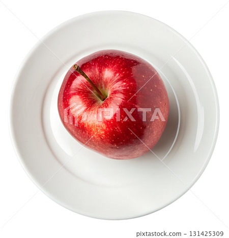 Single red apple on a white plate, top-down overhead view, minimalist still life isolated on transparent background for healthy food concepts 131425309