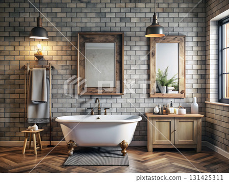 Rustic Modern Bathroom Interior with Freestanding Bathtub and Warm Lighting 131425311