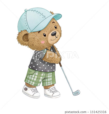 Cute watercolor cartoon of a teddy bear playing golf, light blue cap Cute watercolor cartoon of a teddy bear playing golf, light blue cap 131425316
