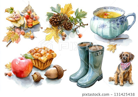 Autumn-themed watercolor illustration featuring cozy elements like pie, apple, and boots 131425438