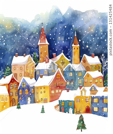 Colorful winter village illustration with snow-covered rooftops and festive atmosphere Colorful winter village illustration with snow-covered rooftops and festive atmosphere 131425484