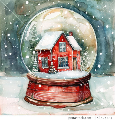 Snow globe featuring a cozy red house surrounded by snow-covered trees and a winter scene Snow globe featuring a cozy red house surrounded by snow-covered trees and a winter scene 131425485
