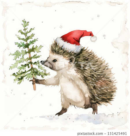 Cute hedgehog wearing Santa hat holding a small Christmas tree in a snowy winter scene 131425491