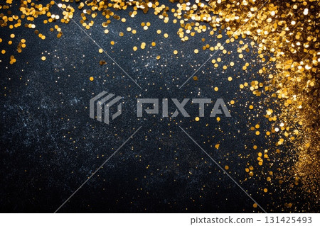 Golden confetti scattered on dark background creating a festive atmosphere for celebrations 131425493
