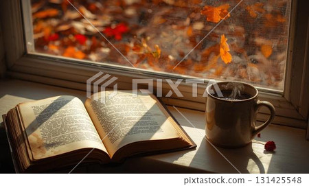 Book, autumn leaves and coffee cup Book, autumn leaves and coffee cup 131425548