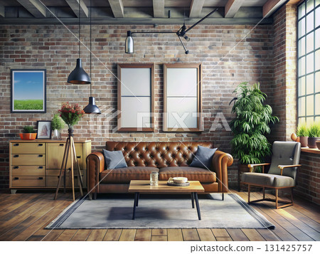 Cozy Industrial Living Room with Leather Sofa and Brick Wall Design 131425757