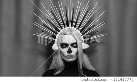 Creative Santa Muerte style portrait with purple Sugar Skull Makeup, tiara, and floral headdress. Fantasy art, mysterious glamour, gothic allure, surreal inspiration, divine feminine expression Creative Santa Muerte style portrait with purple Sugar Skull Makeup, tiara, and floral headdress. Fantasy art, mysterious glamour, gothic allure, surreal inspiration, divine feminine expression 131425773